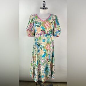 💚 3181. Floral Pink Pipping Midi Dress